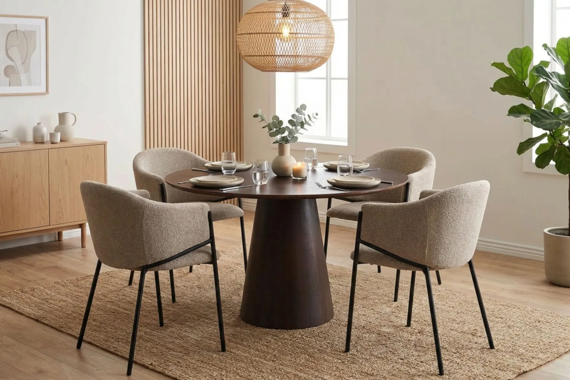 Bark Spisegrupper-Siena spisegruppe rund 110 cm med 4 Filip spisestoler Røkt eik