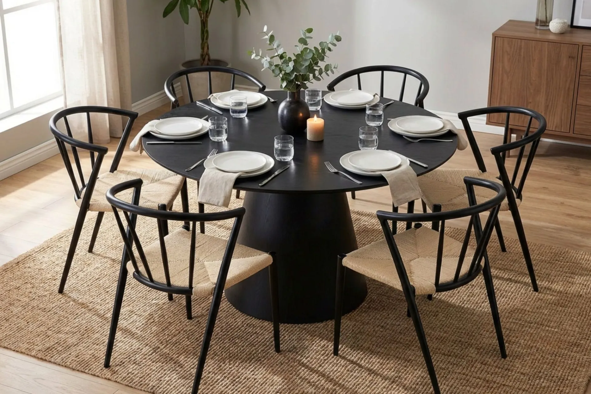 Bark Spisegrupper-Siena spisegruppe rund 130 cm med 6 Winston spisestoler Svart