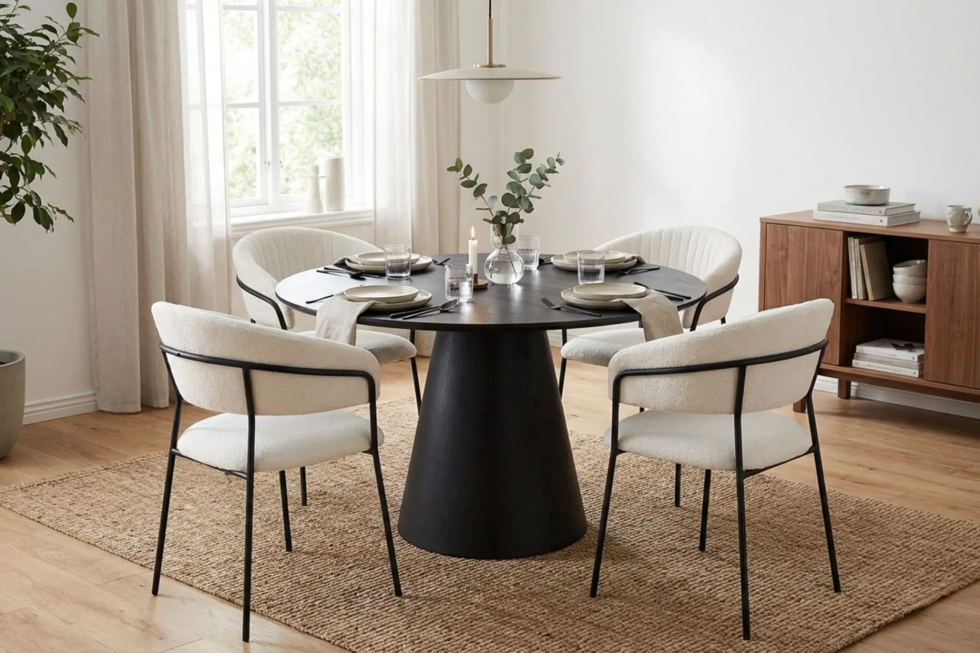 Bark Siena spisegruppe rund 110 cm med 4 Karol spisestoler