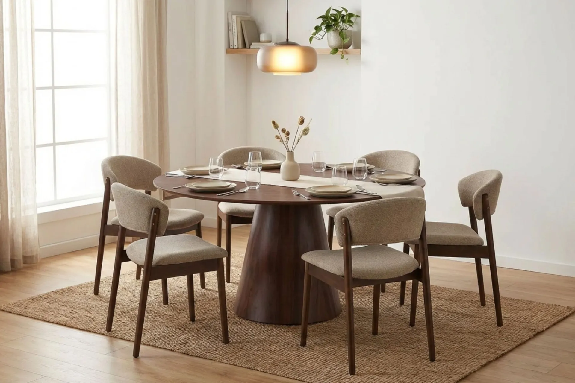 Bark Spisegrupper-Siena spisegruppe rund 150 cm med 6 Nala spisestoler Valnøtt