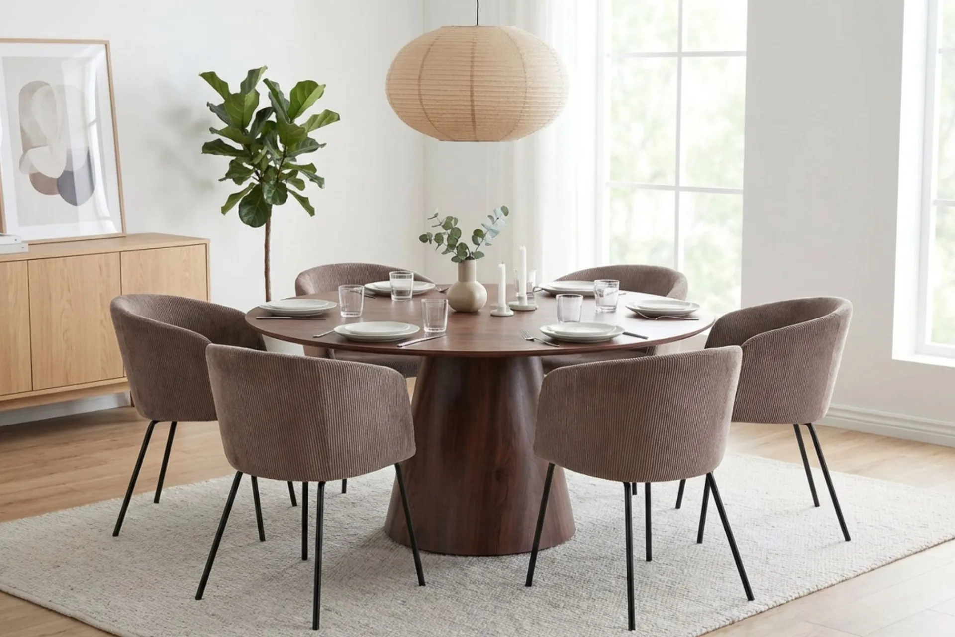 Bark Spisegrupper-Siena Spisegruppe rund 150 cm med 6 Berit spisestoler Valnøtt