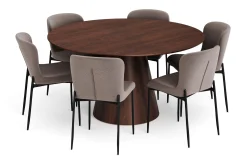Bark Siena spisegruppe rund 150 cm valnøtt med 6 Elsie spisestoler