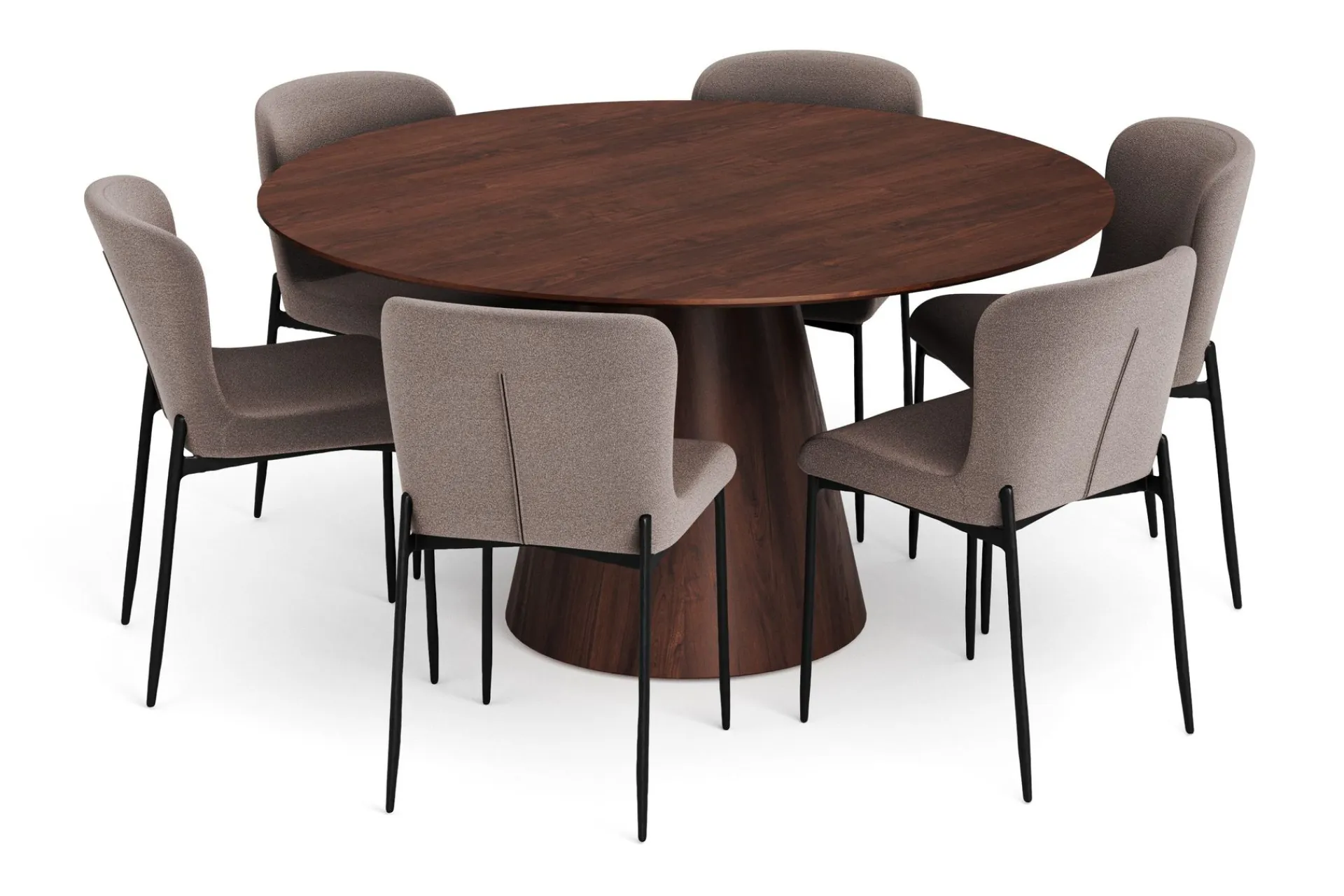 Bark Siena spisegruppe rund 150 cm valnøtt med 6 Elsie spisestoler