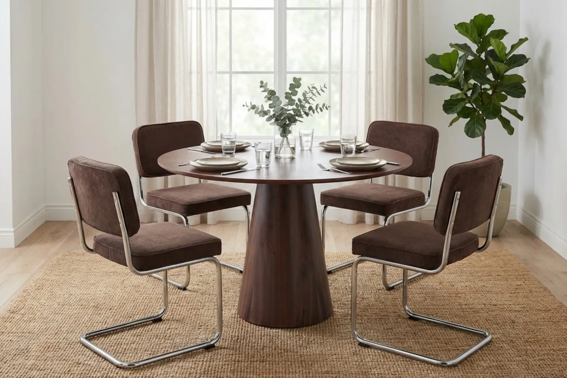 Bark Siena spisegruppe rund 110 cm med 4 Milva spisestoler