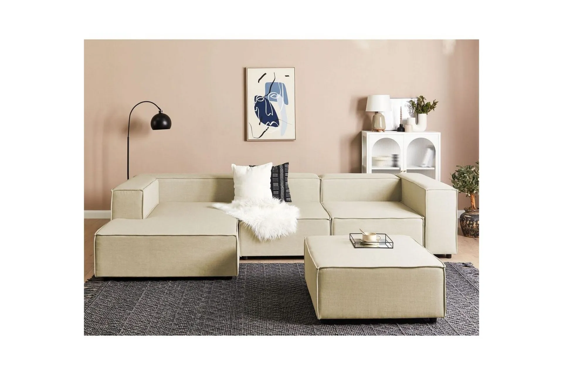 Sofa Med Sjeselong-3-sits Hörnsoffa med fotpall Beliani Aprica Högervänd Left-faced Beige