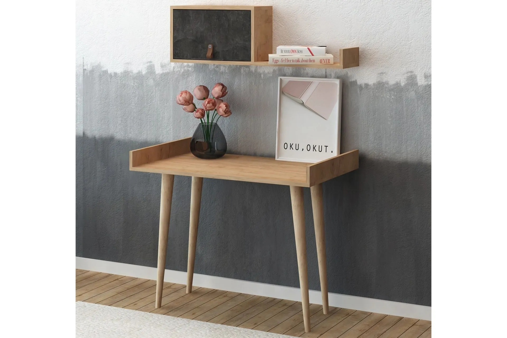 Kontorbord-Skaberg Skrivebord 100 cm med Oppbevaring Vegghylle Brun,Grey