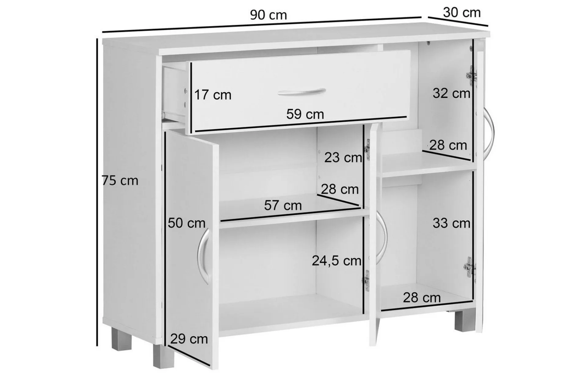 Wohnling Gangbord|Avlastningsbord-Skjenk foliert sponplate 90x75 cm, 3 dører 1 skuff, moderne stil Hvit