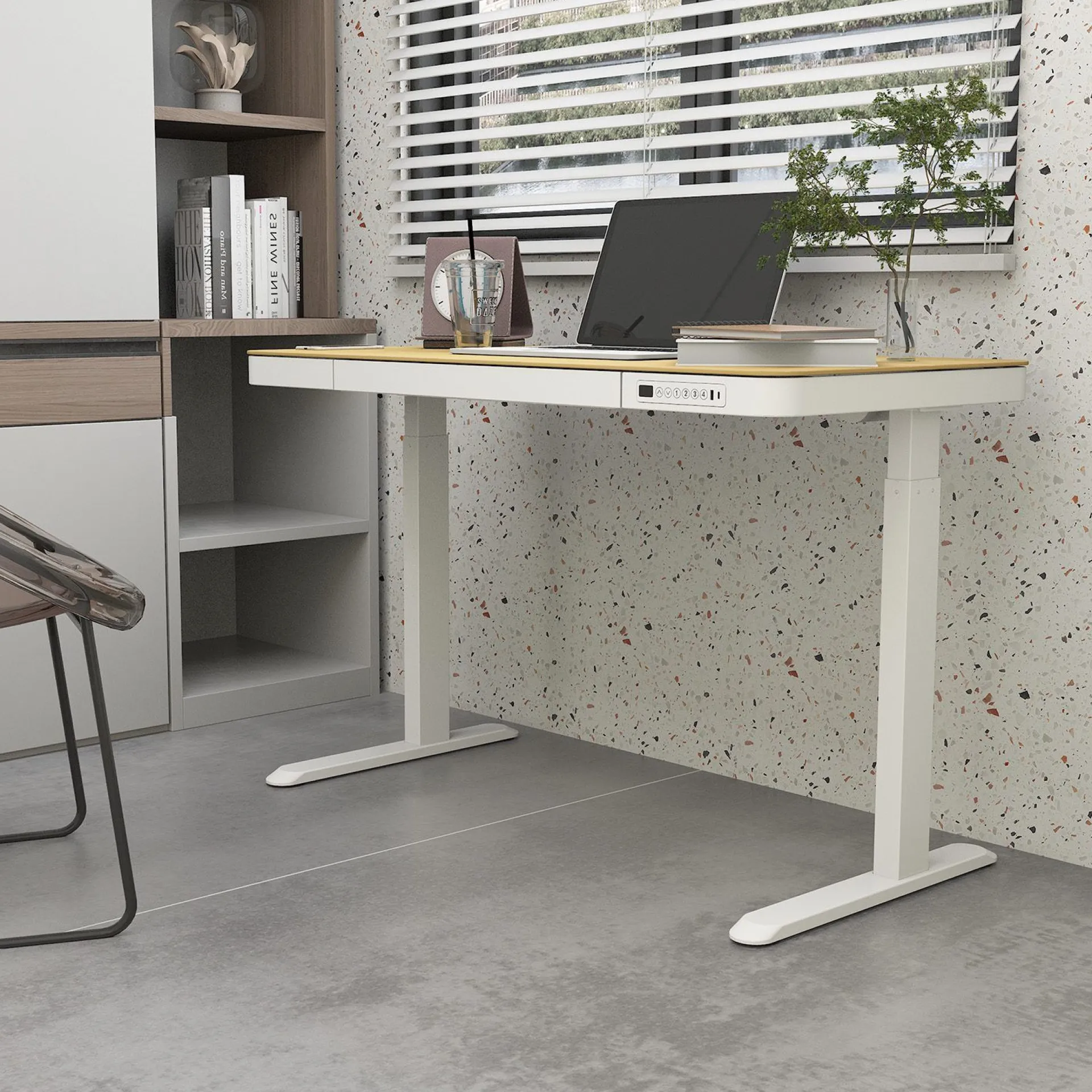 Kontorbord-Skrivebord HOME4YOU Ergo med 1 motor 120x60x72-121 cm eik/hvit
