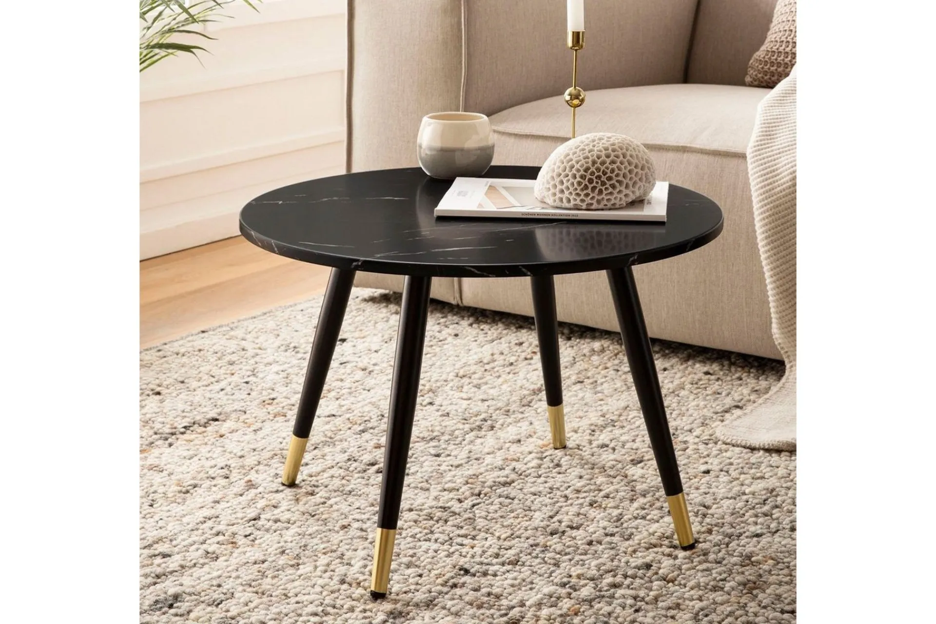 Wohnling Sofabord-Sofabord marmorutseende 60 cm rund, moderne stil Svart marmor Svart,Gull