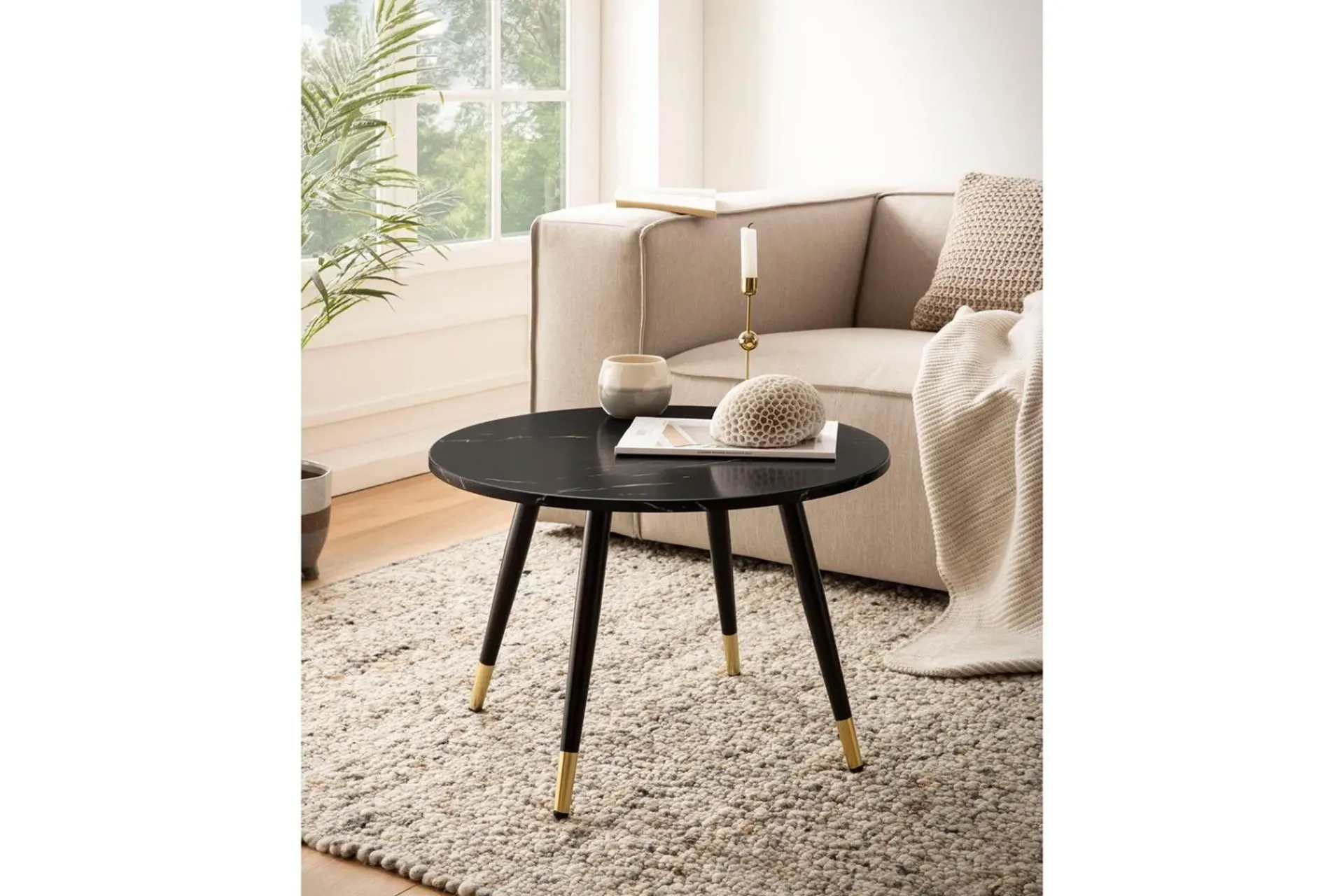 Wohnling Sofabord-Sofabord marmorutseende 60 cm rund, moderne stil Svart marmor Svart,Gull
