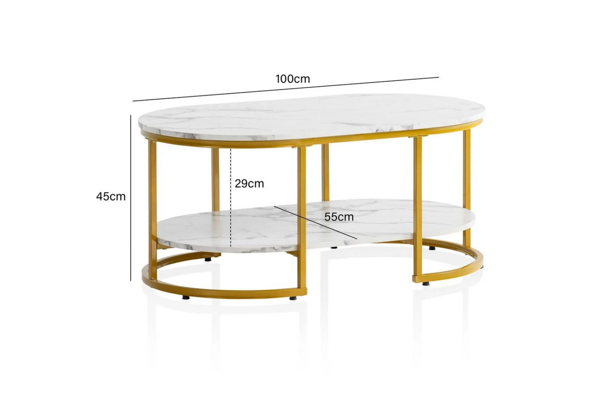 Wohnling Sofabord-Sofabord marmorutseende oval 100 cm med oppbevaringshylle, Bauhaus-stil Marmor Hvit Gull,Hvit
