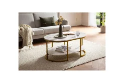 Wohnling Sofabord-Sofabord marmorutseende oval 100 cm med oppbevaringshylle, Bauhaus-stil Marmor Hvit Gull,Hvit