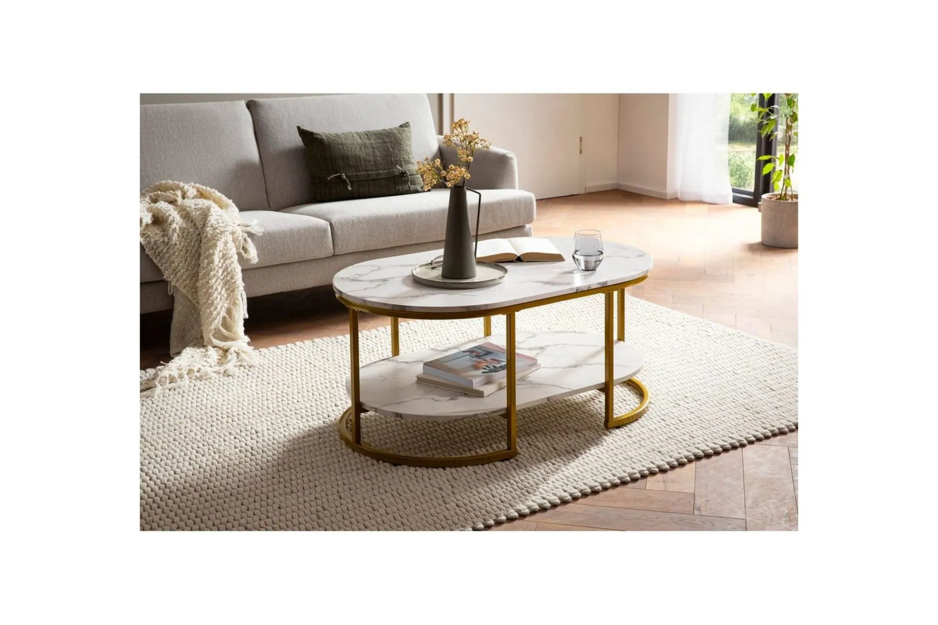 Wohnling Sofabord-Sofabord marmorutseende oval 100 cm med oppbevaringshylle, Bauhaus-stil Marmor Hvit Gull,Hvit