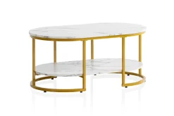 Wohnling Sofabord-Sofabord marmorutseende oval 100 cm med oppbevaringshylle, Bauhaus-stil Marmor Hvit Gull,Hvit