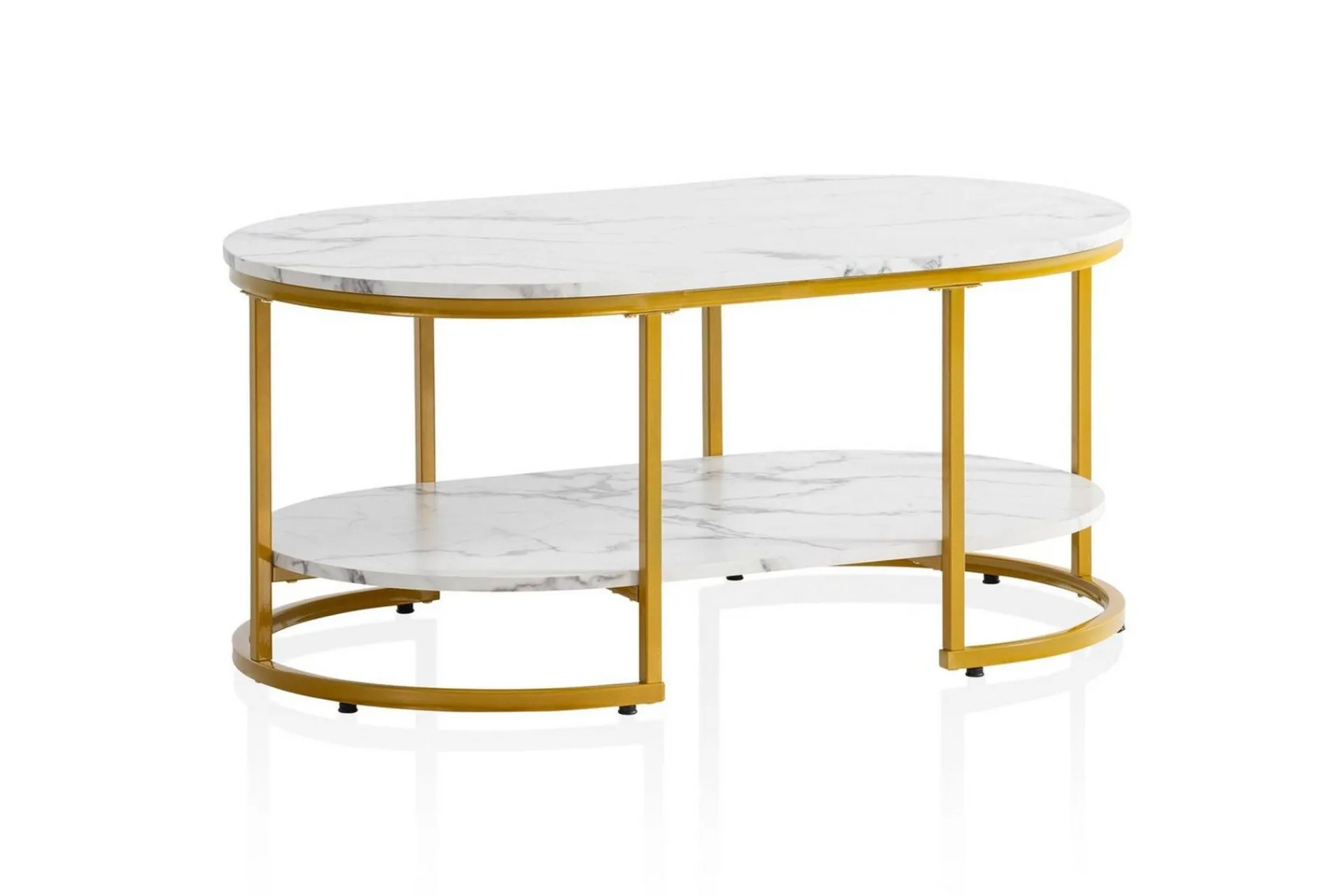 Wohnling Sofabord-Sofabord marmorutseende oval 100 cm med oppbevaringshylle, Bauhaus-stil Marmor Hvit Gull,Hvit