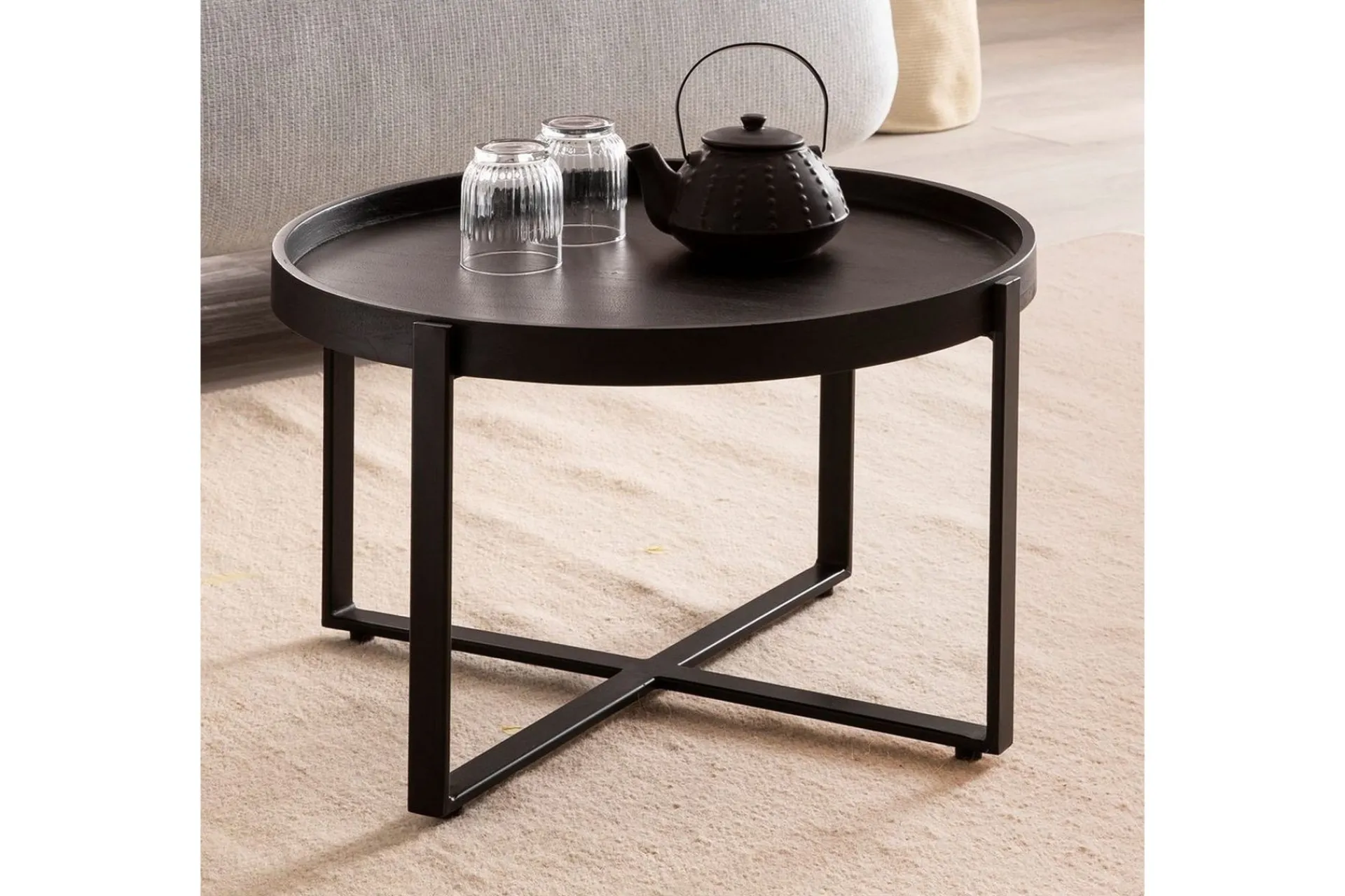 Wohnling Sofabord Massivt treverk rund 60 cm med klassisk utseende metallramme moderne