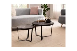Wohnling Avlastningsbord|Sofabord-Sofabord Sett med 2 runde i heltre og steinoptikk, design metallbase, landlig stil Svart, svart Svart,Antracit