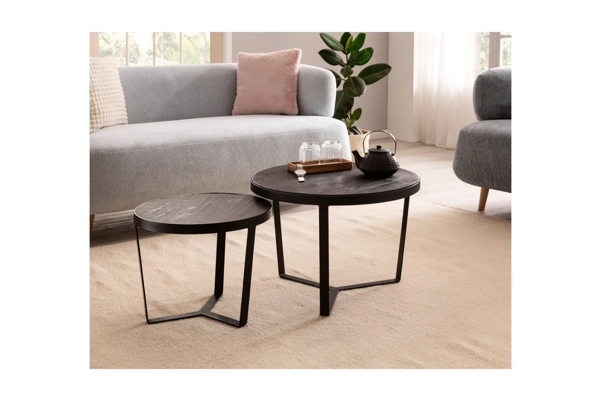 Wohnling Avlastningsbord|Sofabord-Sofabord Sett med 2 runde i heltre og steinoptikk, design metallbase, landlig stil Svart, svart Svart,Antracit