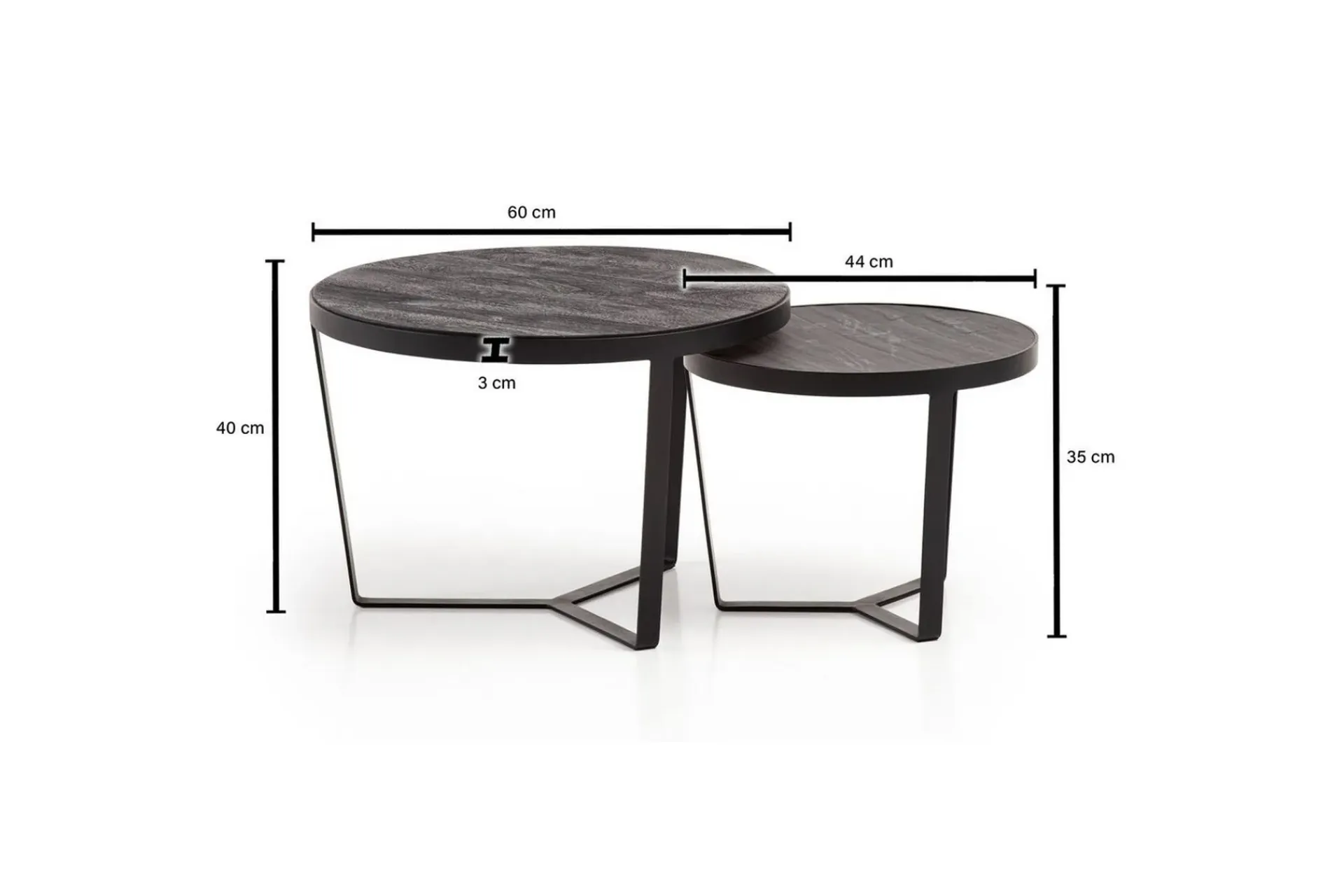Wohnling Avlastningsbord|Sofabord-Sofabord Sett med 2 runde i heltre og steinoptikk, design metallbase, landlig stil Svart, svart Svart,Antracit