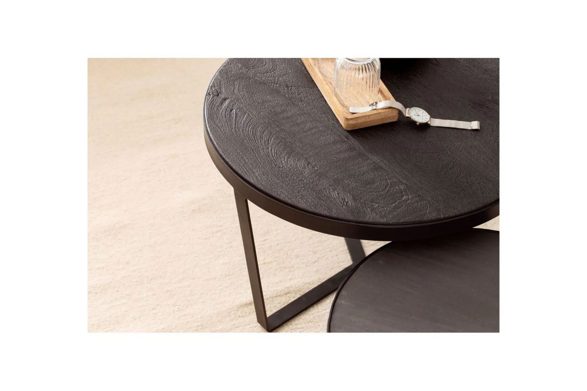 Wohnling Avlastningsbord|Sofabord-Sofabord Sett med 2 runde i heltre og steinoptikk, design metallbase, landlig stil Svart, svart Svart,Antracit