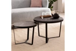 Wohnling Avlastningsbord|Sofabord-Sofabord Sett med 2 runde i heltre og steinoptikk, design metallbase, landlig stil Svart, svart Svart,Antracit