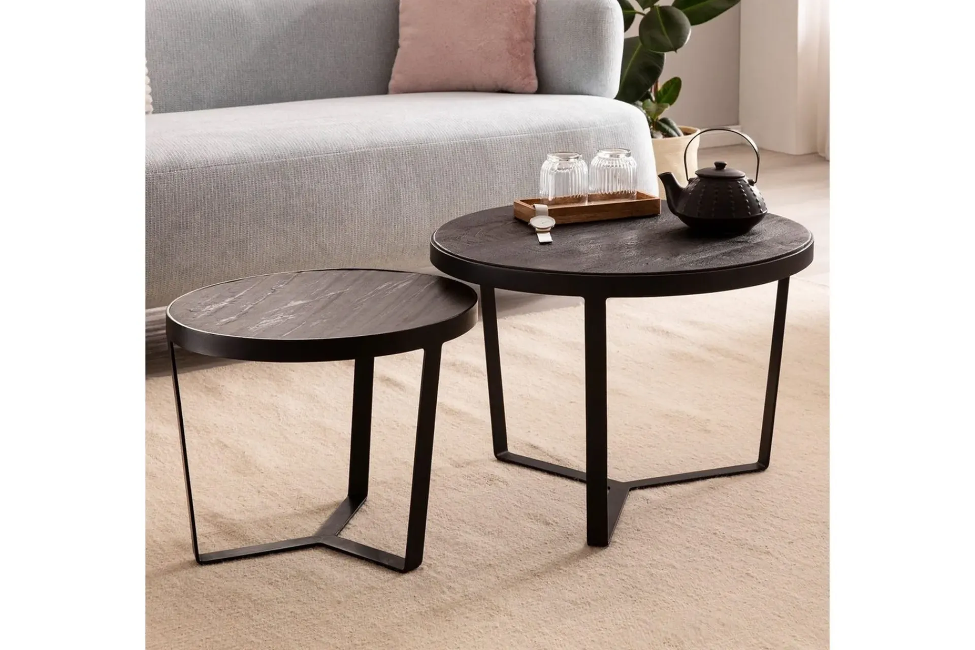 Wohnling Avlastningsbord|Sofabord-Sofabord Sett med 2 runde i heltre og steinoptikk, design metallbase, landlig stil Svart, svart Svart,Antracit