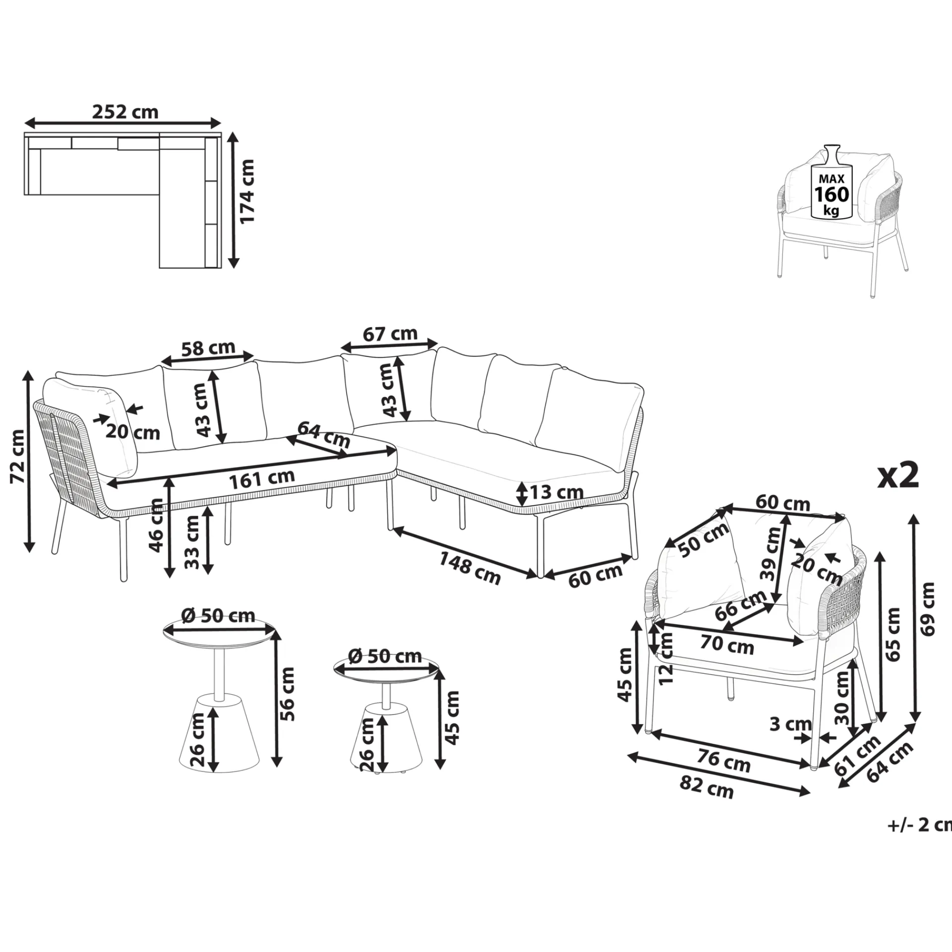 Veranda & Terrasse|Loungesett-Sofagruppe utendørs 7-seter Robella med bord Beige/Hvit/Brun