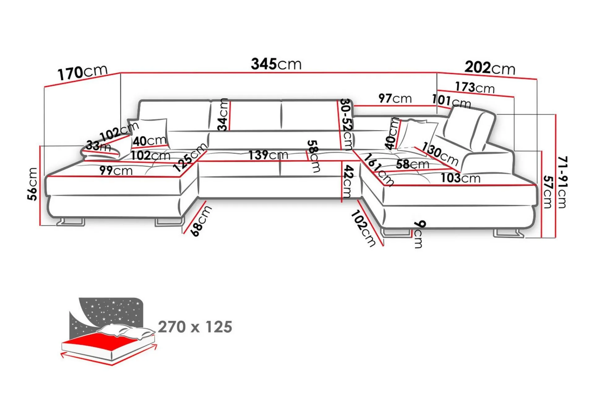 Sovesofa 4-seters U-formet 345x202 cm Venstre