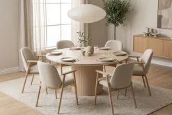 Bark Spisegrupper-Spisegruppe Kopparbo rundt spisebord 180 cm hvitlasert med 6 Reciclar spisestoler Lys eik|Beige