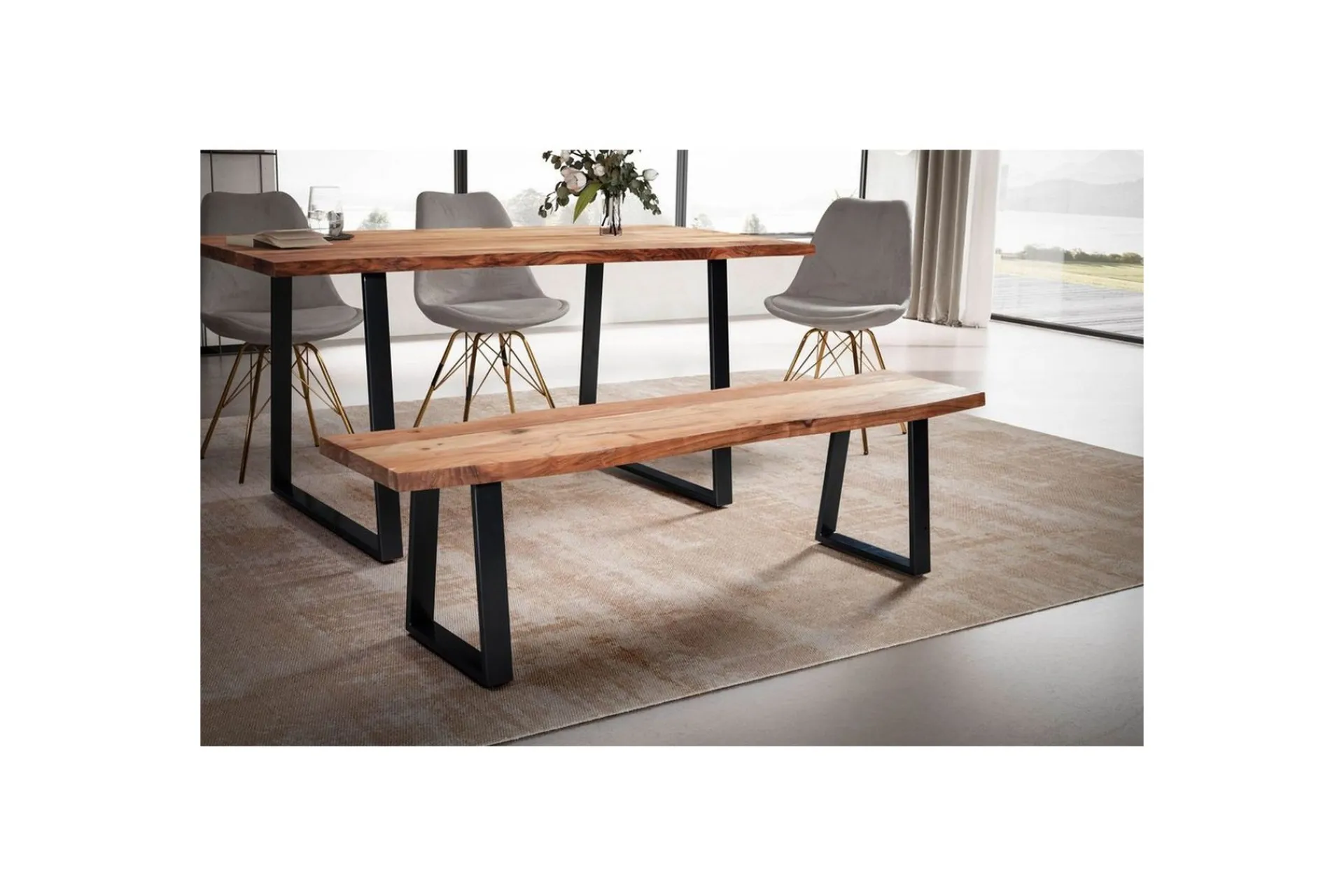 Wohnling Entrebenk|Benk-Spisestuebenk Massivt tre med metallben trekant landlig stil Svart, Rett, 160 cm Lyse brun,Svart