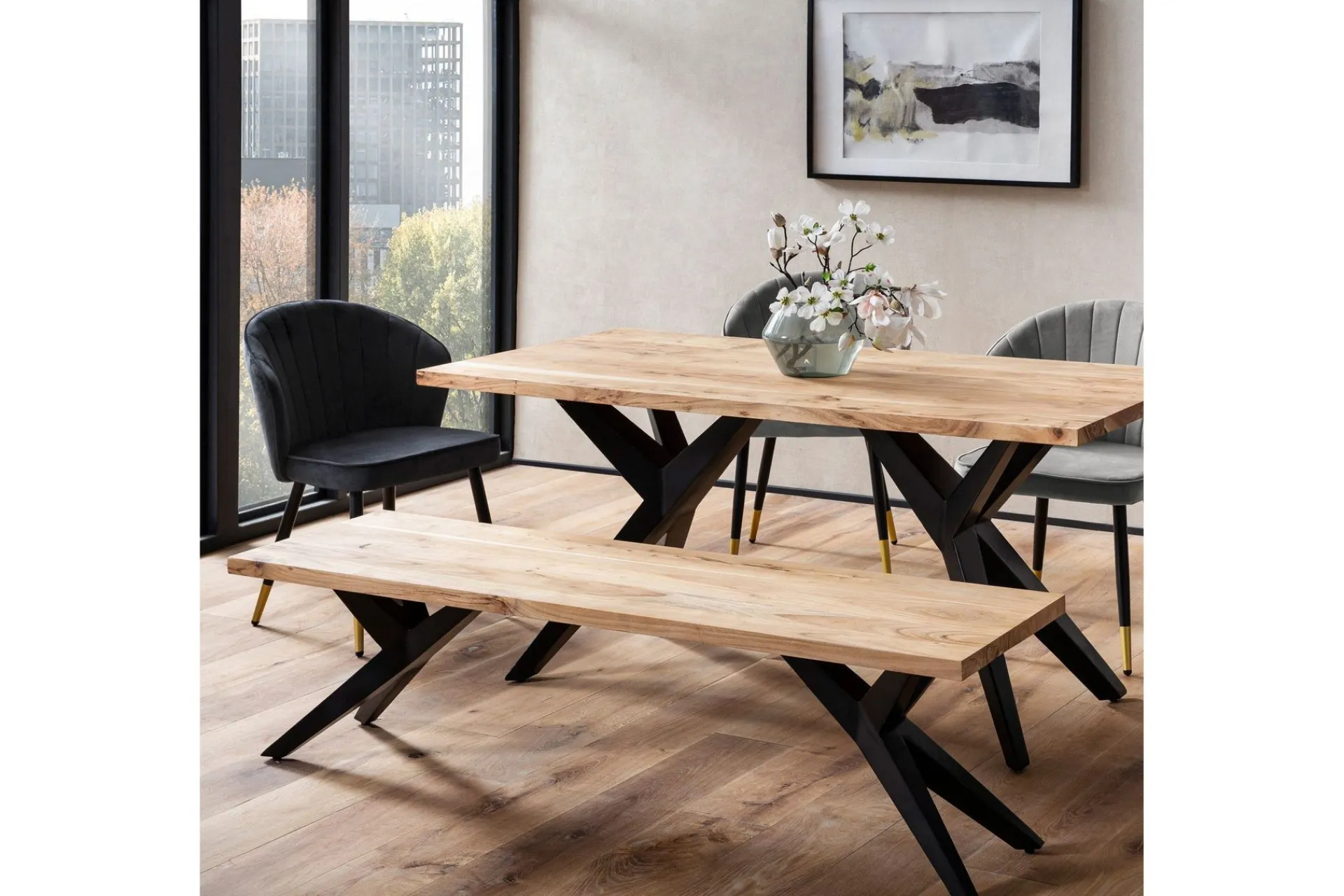 Wohnling Spisestuebenk massivt tre moderne loftstil med metallben 175 cm