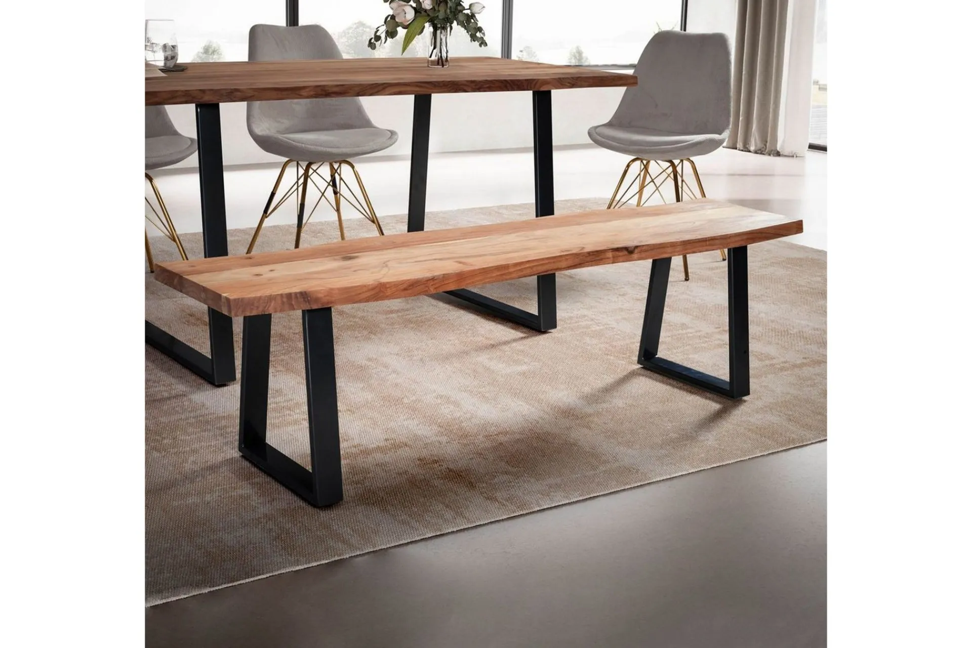 Wohnling Spisestuebenk Massivt tre med metallben trekant landlig stil Svart, Rett, 180 cm