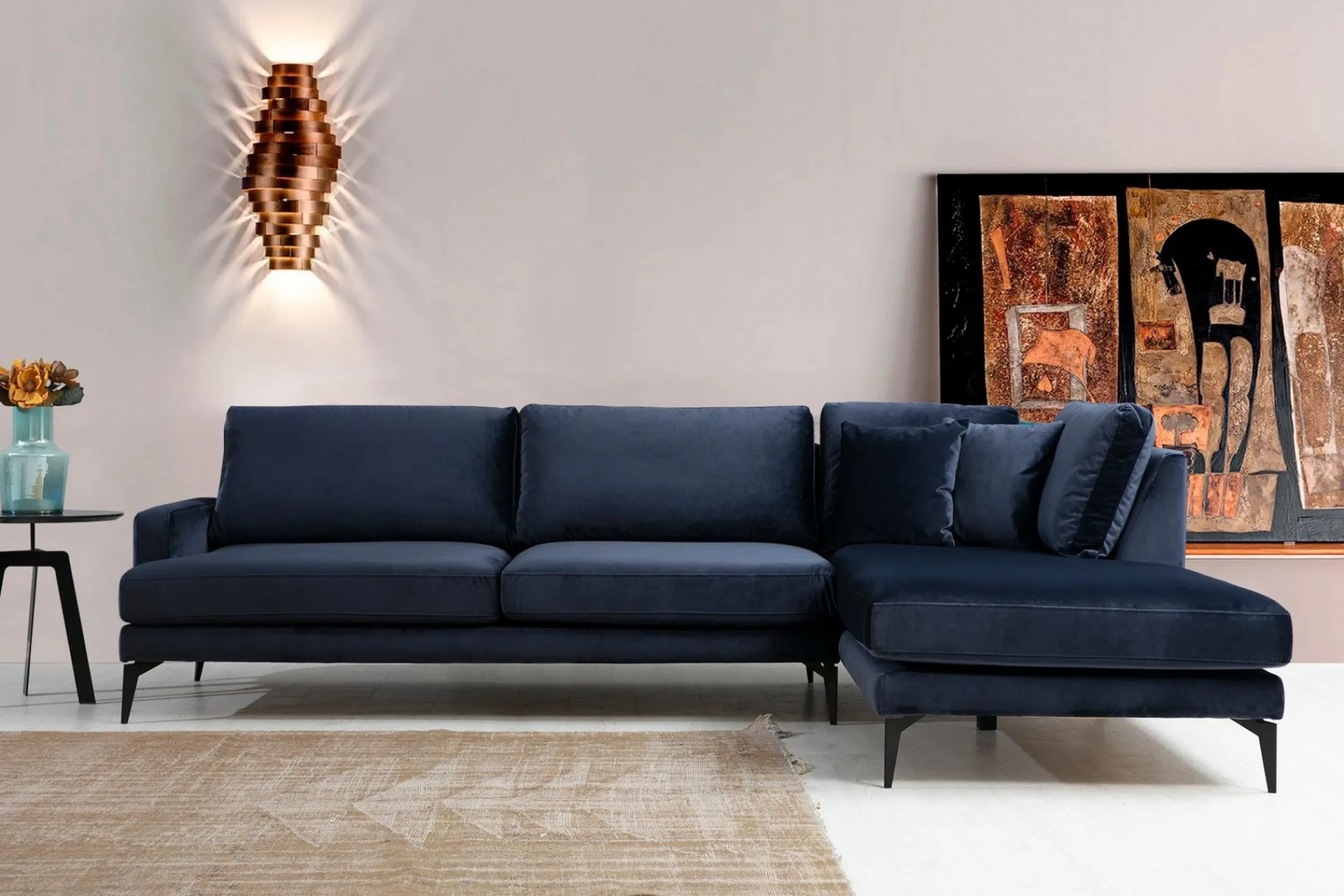 Velour Sofa & Fløyel Sofa|Sofa Med Sjeselong-Stacker Hjørnesofa med Divan Høyre Blå