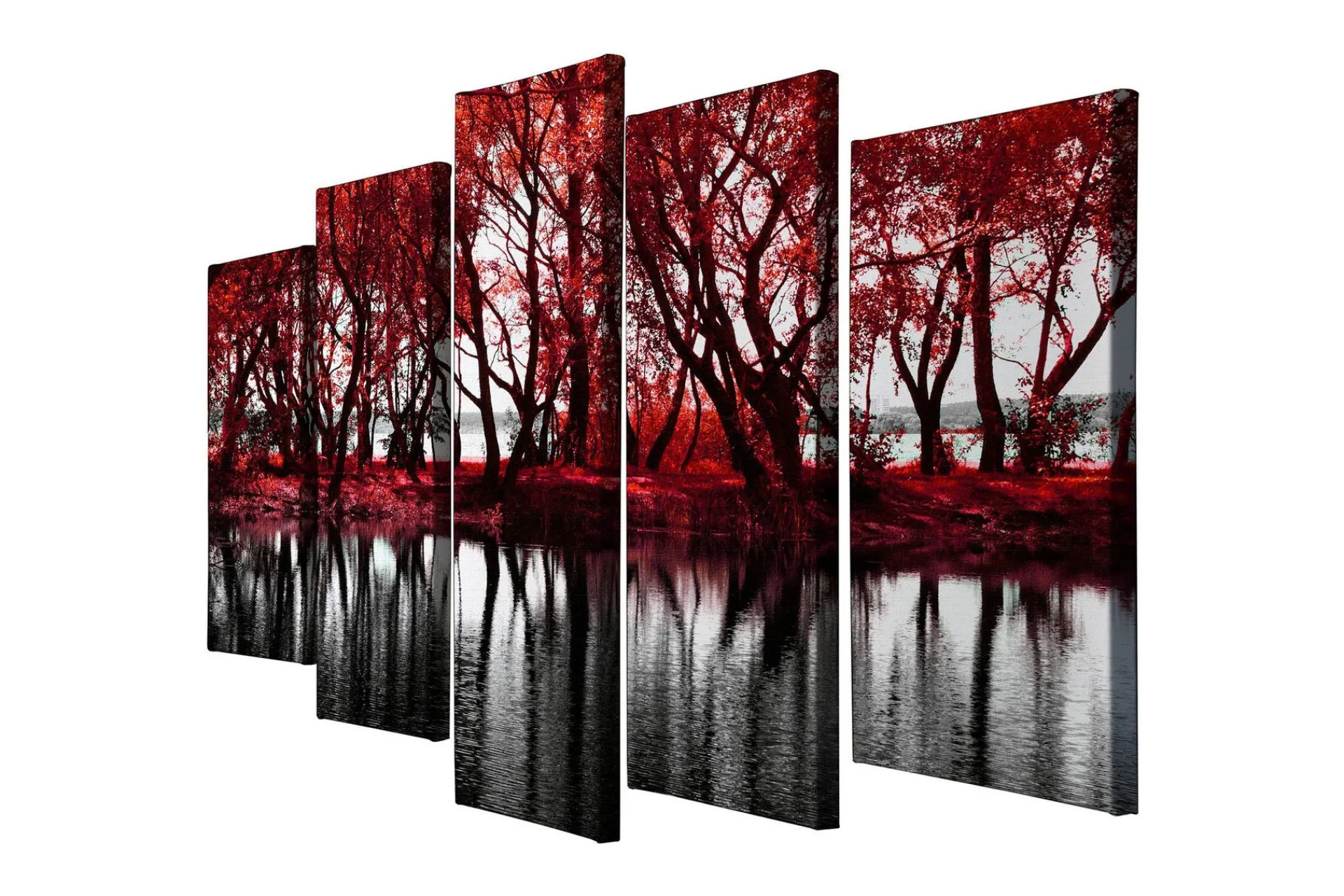 Lerretsbilder|Lerretsbilder-Stort lerretsbilde i 5 deler 105x70 cm - Rødskiftende trær ved en speilblank innsjø Flerfärgad