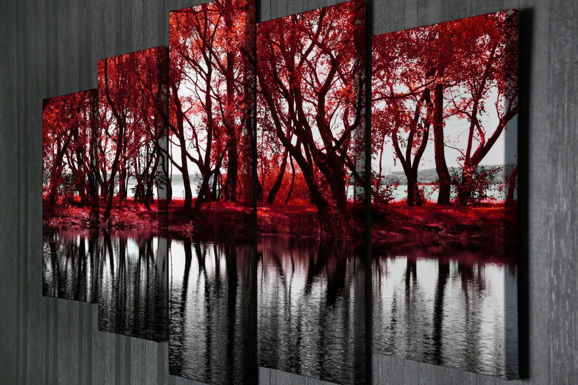 Lerretsbilder|Lerretsbilder-Stort lerretsbilde i 5 deler 105x70 cm - Rødskiftende trær ved en speilblank innsjø Flerfärgad