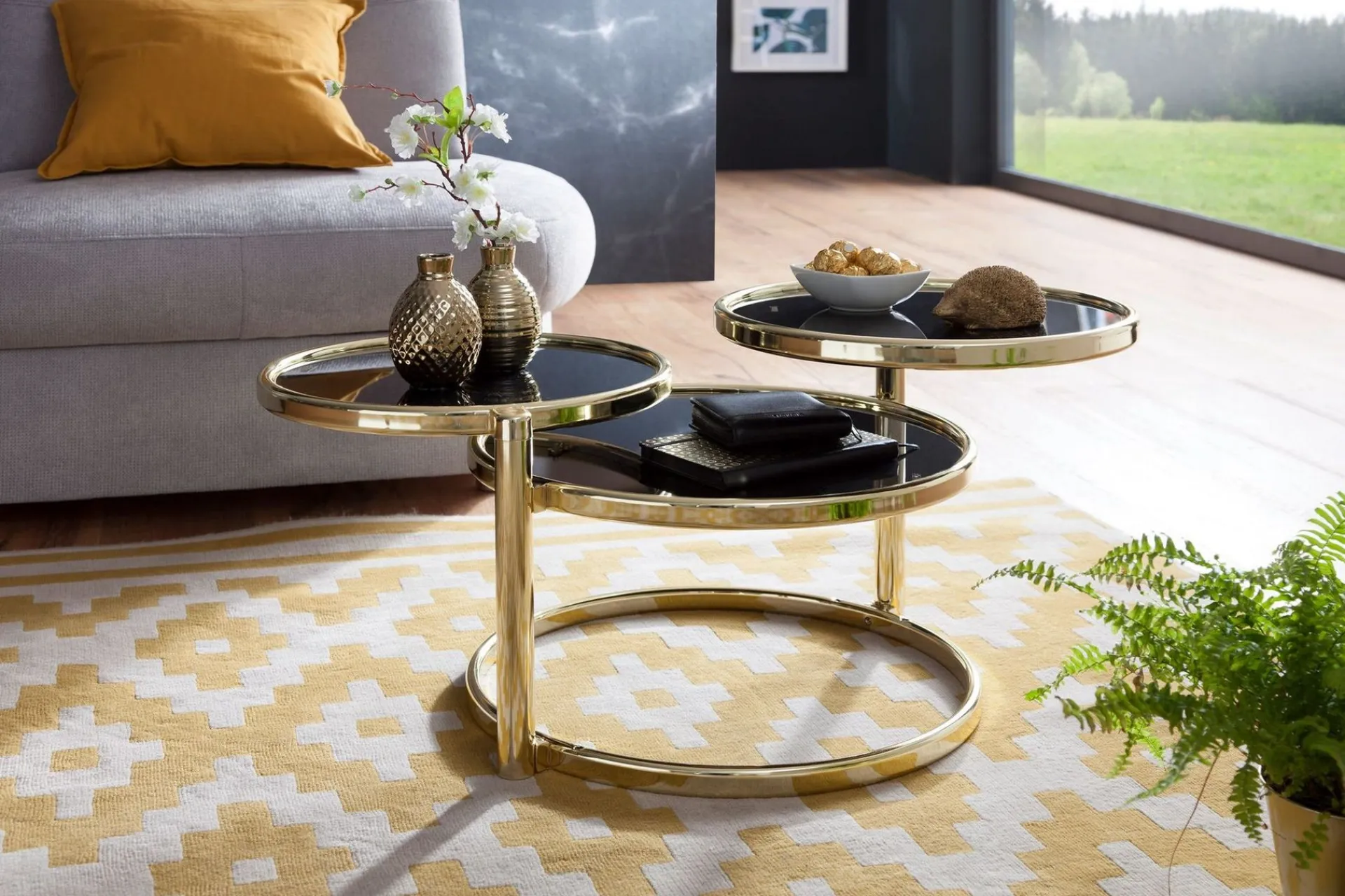 Wohnling Sofabord-Tarwater Sofabord 58 cm med Oppbevaringshyller Rundt Svart,Gull