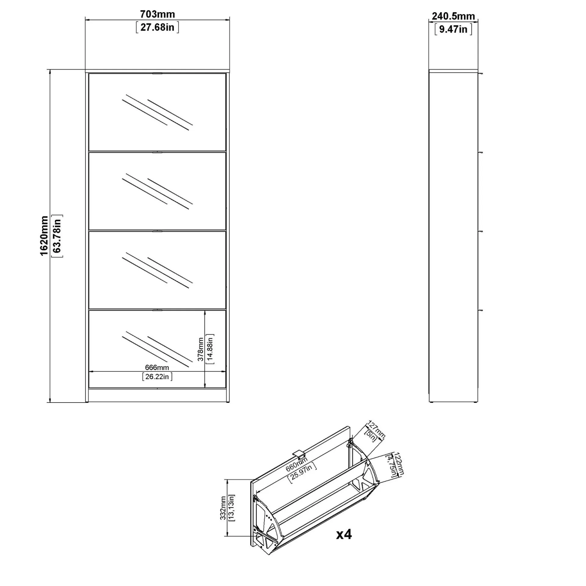 Tvilum Gangoppbevaring-Tenor Skoskap 4 rom 70x24x162 cm Hvit
