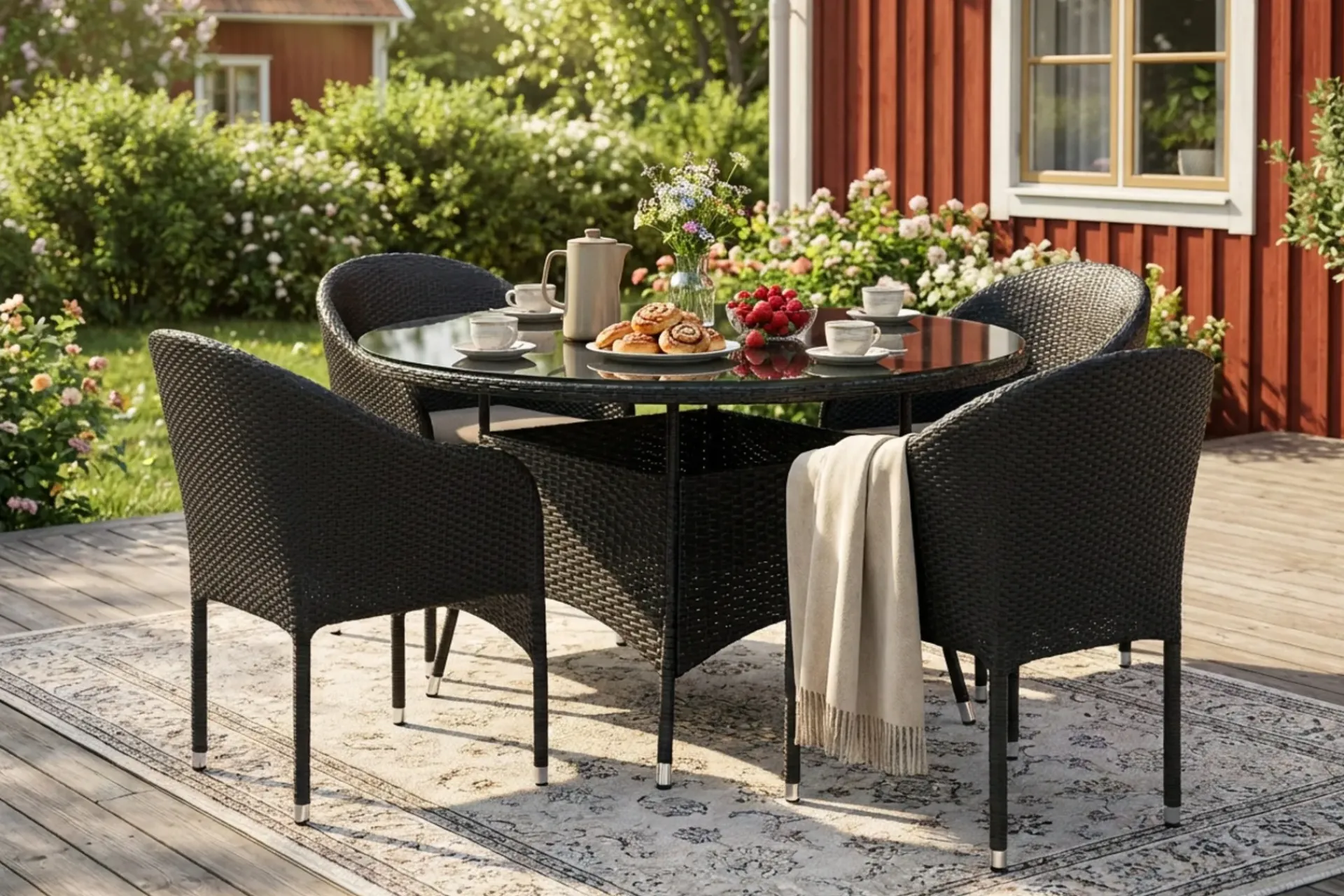 Comfort Garden Thor utendørs rund spisegruppe 140 cm med 4 Thor lenestoler