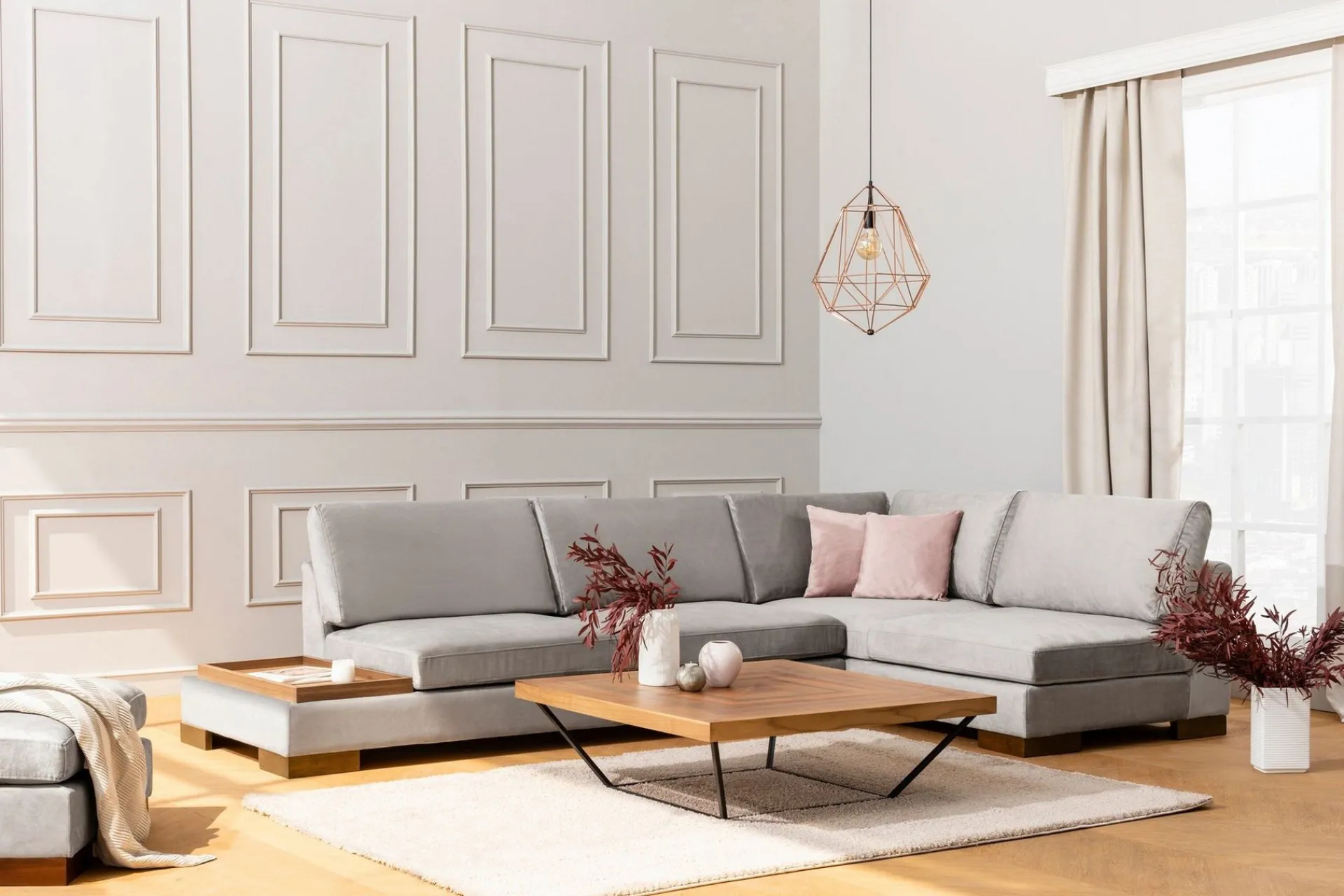Hjørnesofa-Tulima Sofa med Sjeselong m Krakk Høyre Lysegrå