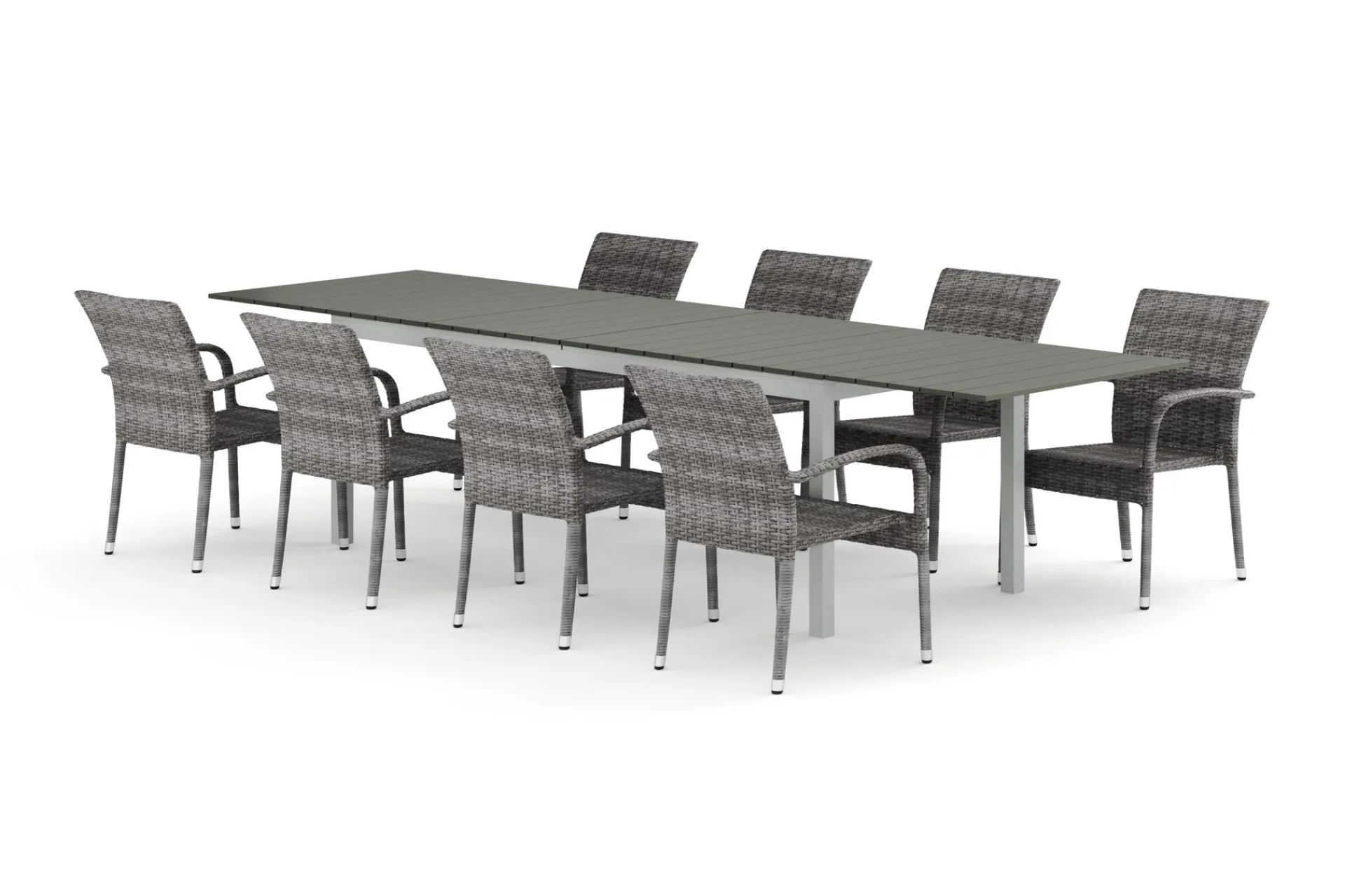 Comfort Garden Tunis utendørs spisegruppe uttrekkbar 205/305x90 cm med 8 Thor Light utendørs lenestoler