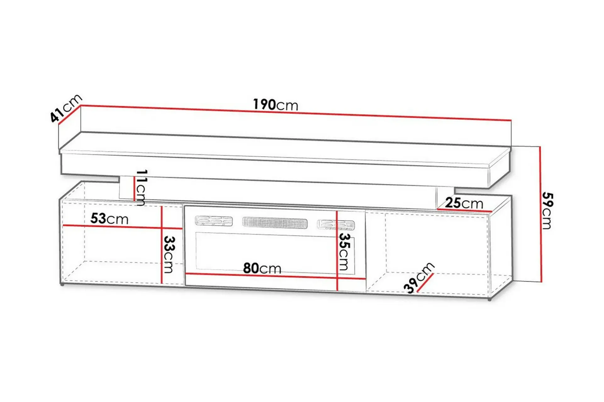 Concept 55 Tv-Skap|Tv-Benk & Mediabenk-TV-benk Glenndale med oppbevaring + LED-kamin + Belysning 190 cm Svart