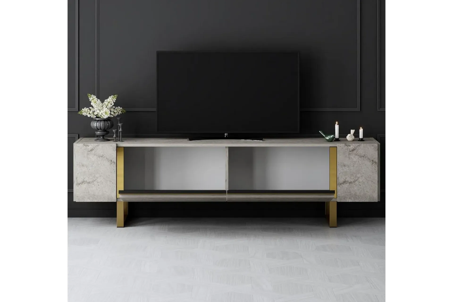 Tv-Benk & Mediabenk-TV-bord Sozi Travertin / Gull Messing,Kobber