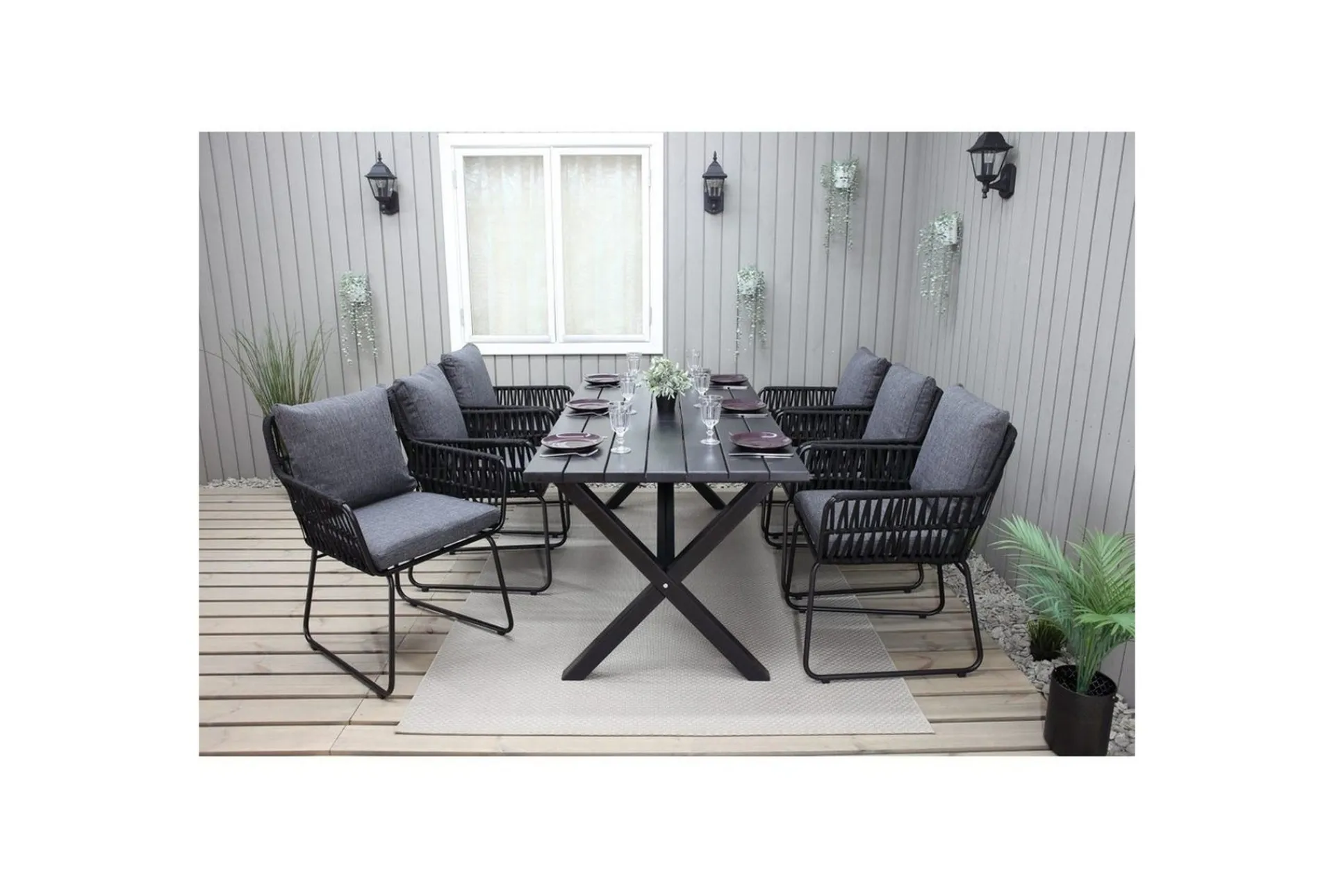 Utendørs møbelgruppe 190 cm Bord & 6 Levanto grå stoler