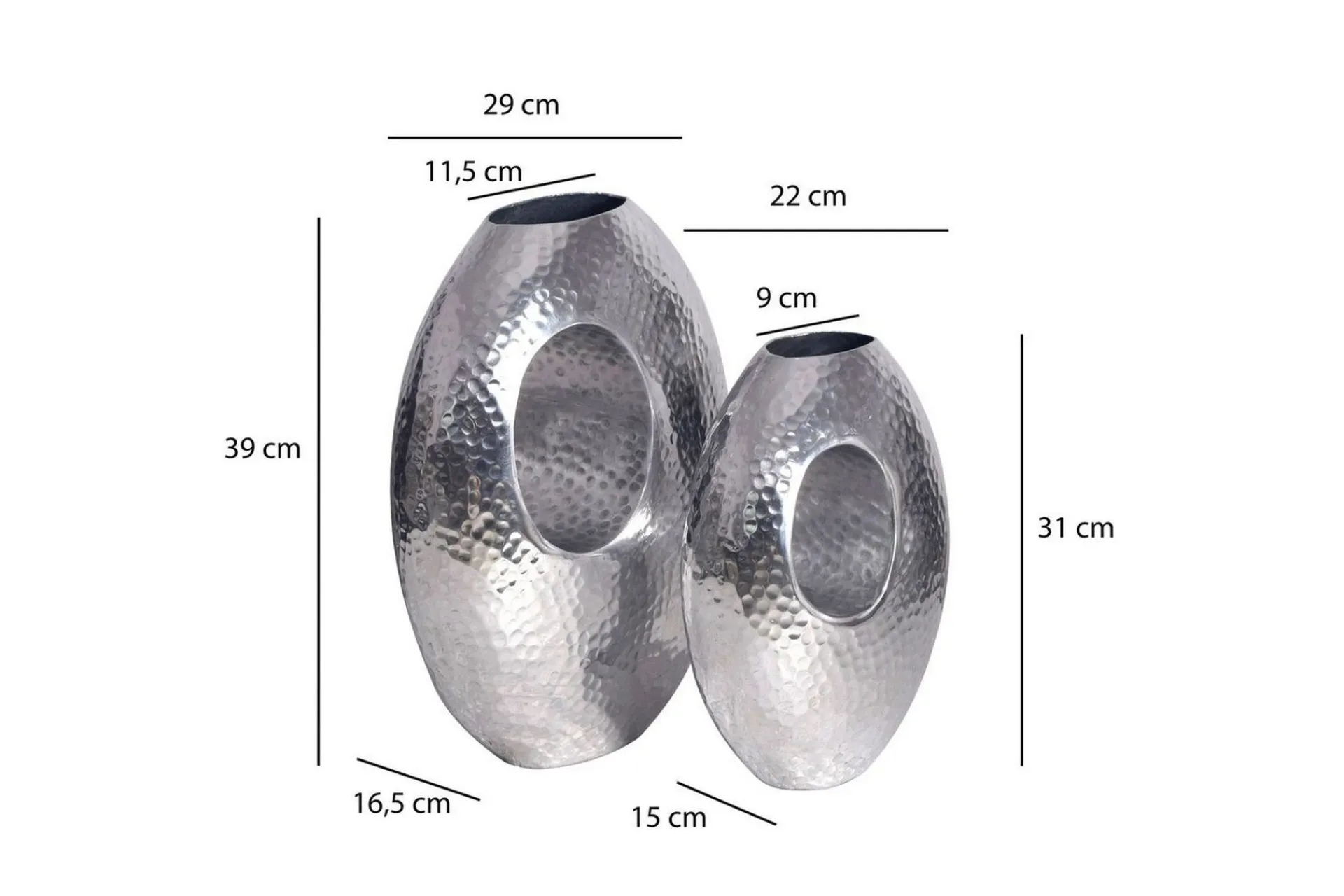 Wohnling Blomstervase-Vase Sett av 2 Aluminium Hamret utseende, moderne loftstil Sølv