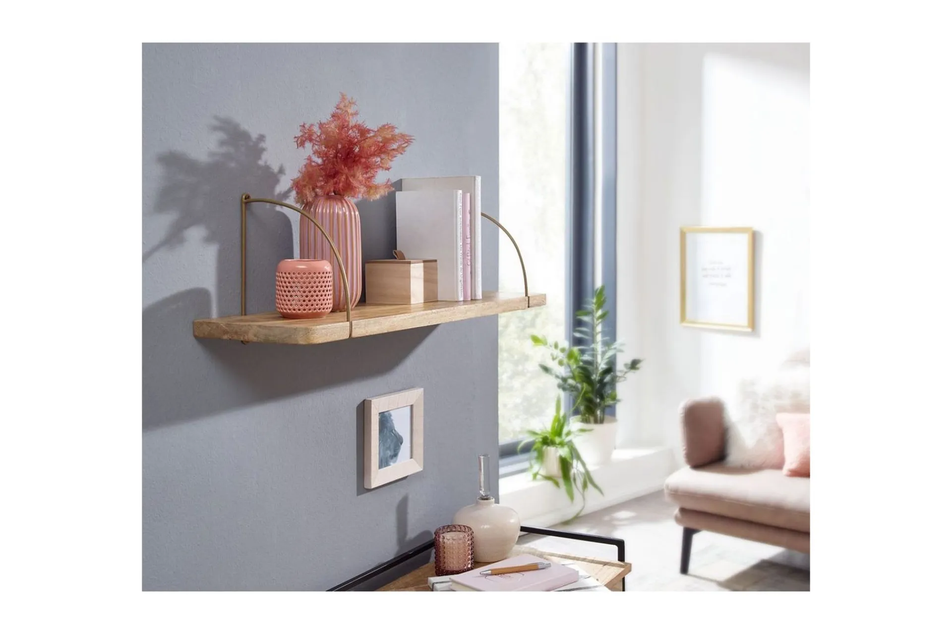 Wohnling Vegghylle-Vegghylle massivt tre, metall hylle for oppheng, industriell loftstil 60 cm Brun,Gull