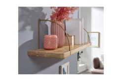 Wohnling Vegghylle-Vegghylle massivt tre, metall hylle for oppheng, industriell loftstil 60 cm Brun,Gull