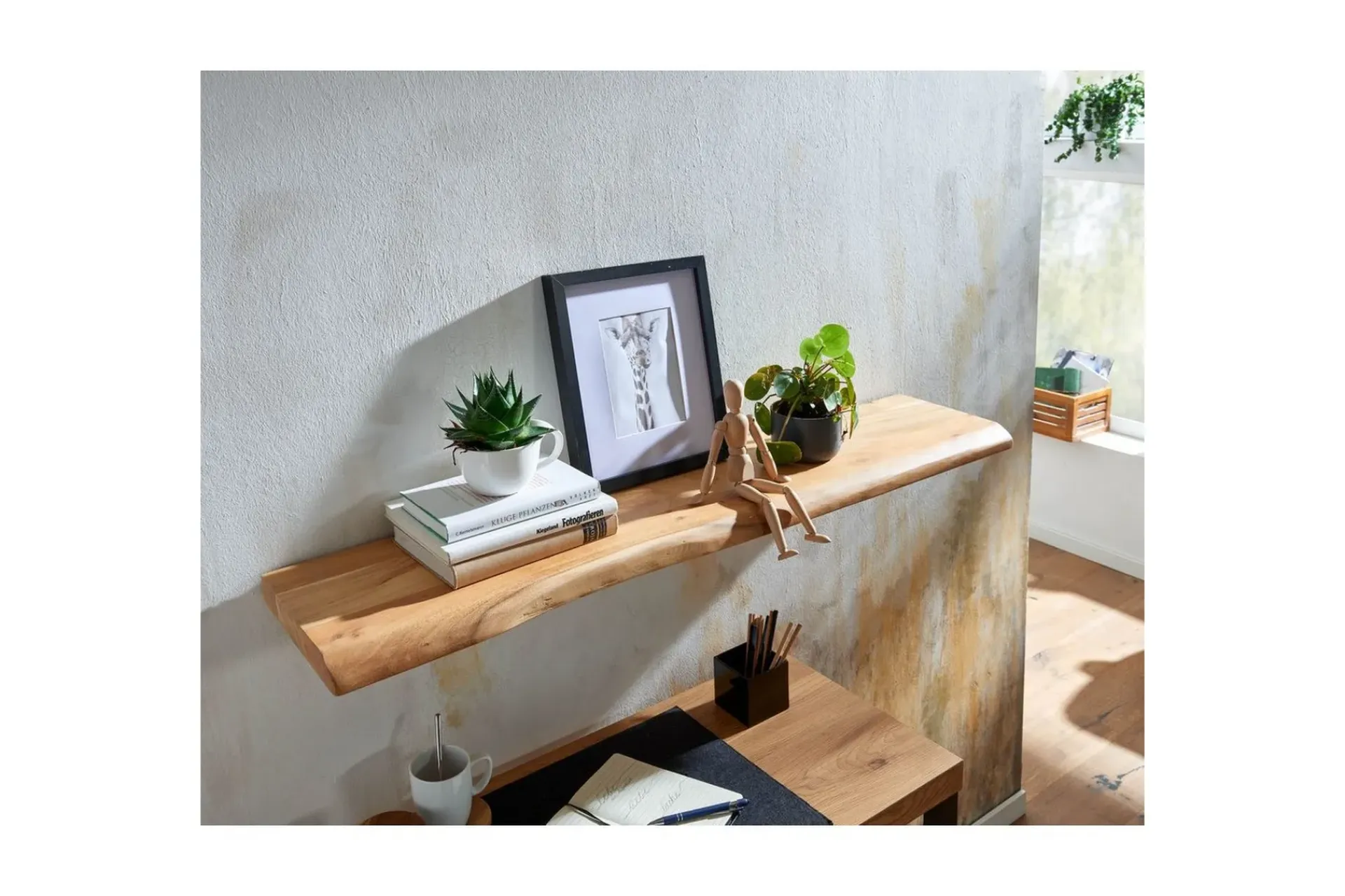 Wohnling Vegghylle-Vegghylle trekant, heltre, flytende hylle, landlig stil 120 cm Lyse brun