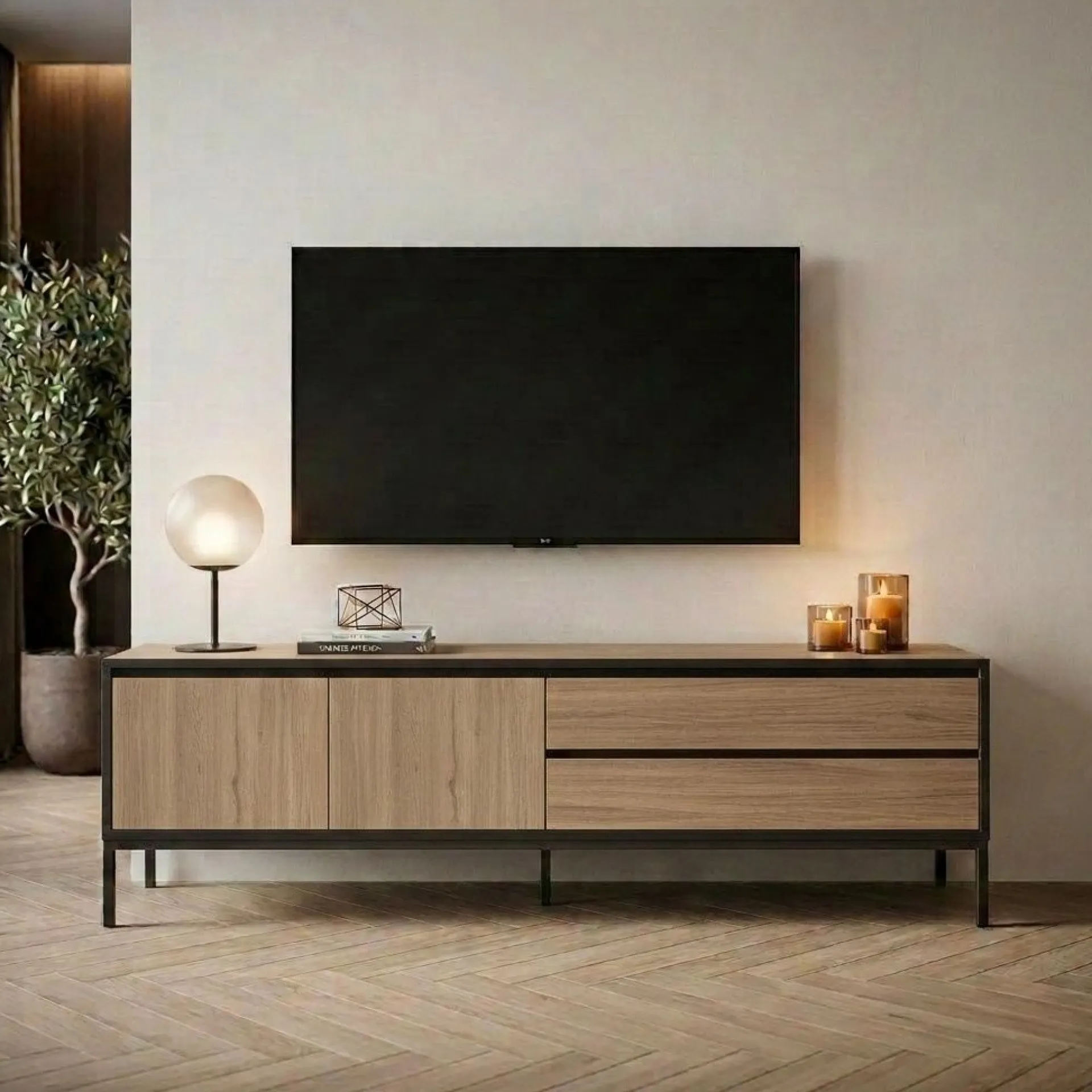 Tv-Benk & Mediabenk-Velar TV-benk 180x55x40 cm naturlig eik, tre svart, svart